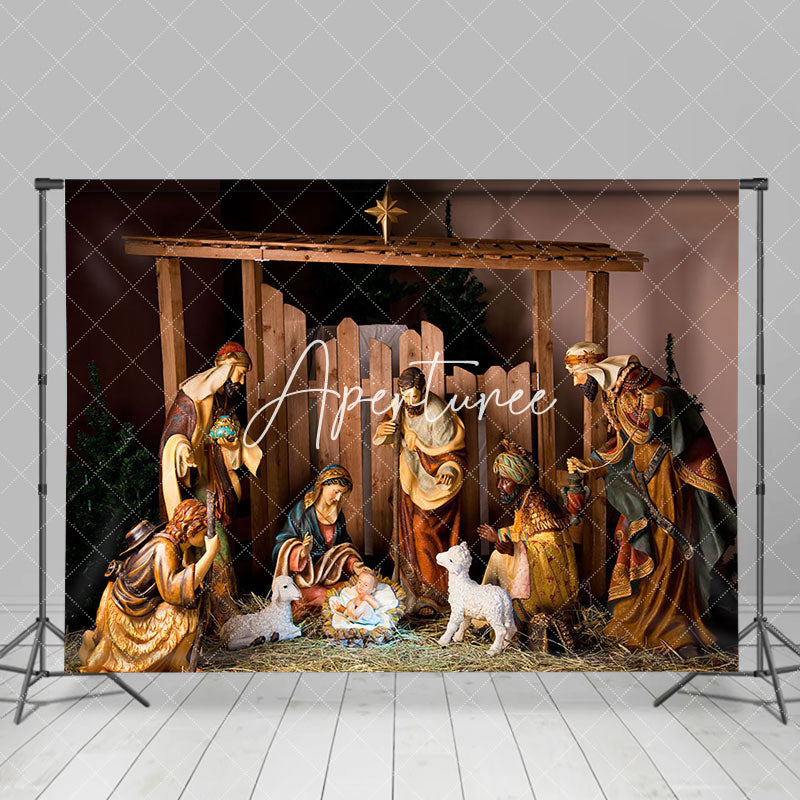 Aperturee - Aperturee Wood Manger Saint Jesus Birth Lamb Christmas Backdrop