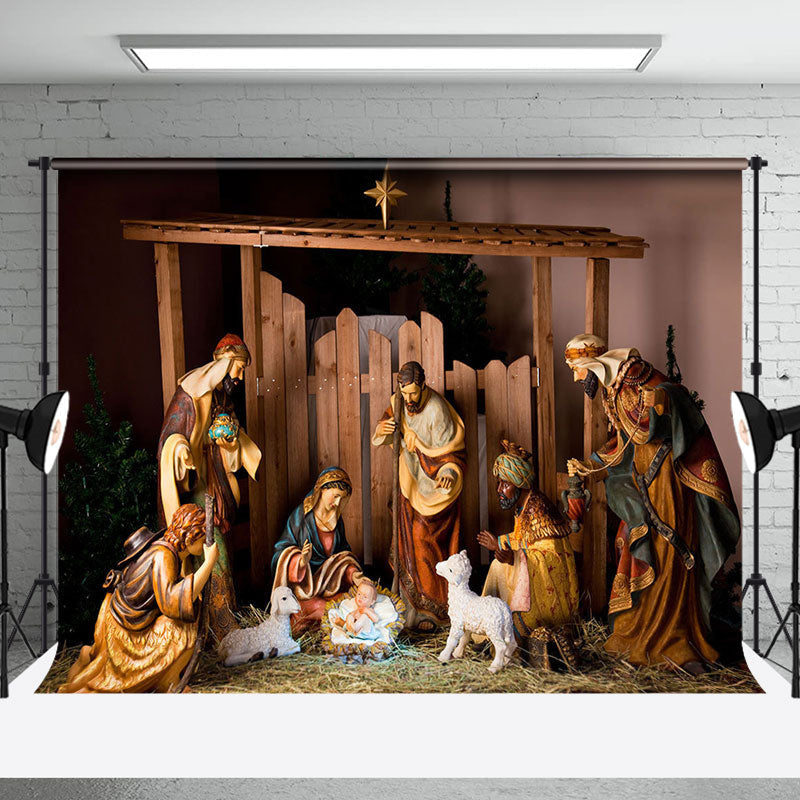 Aperturee - Aperturee Wood Manger Saint Jesus Birth Lamb Christmas Backdrop