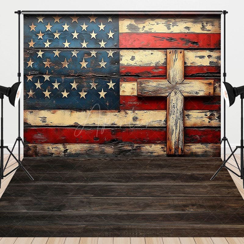 Aperturee - Aperturee Wood Usa Flag Cross Independence Day Combo Set Backdrop