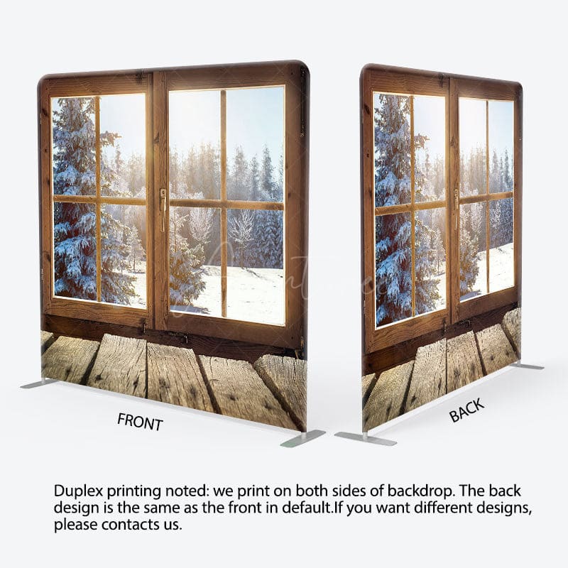Aperturee - Aperturee Wood Window Pine Tree Scene Square Photo Backdrop