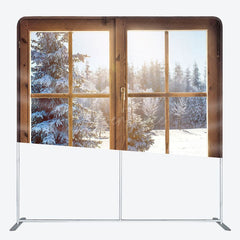 Aperturee - Aperturee Wood Window Pine Tree Scene Square Photo Backdrop