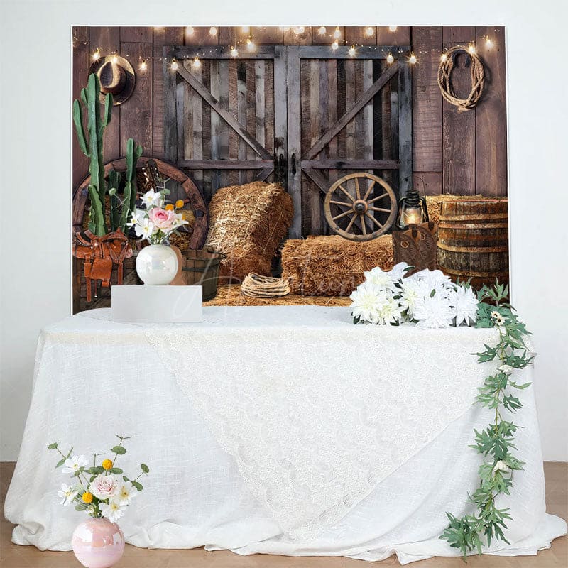 Aperturee - Aperturee Wooden Barn Door Lighted Cowboy Birthday Backdrop