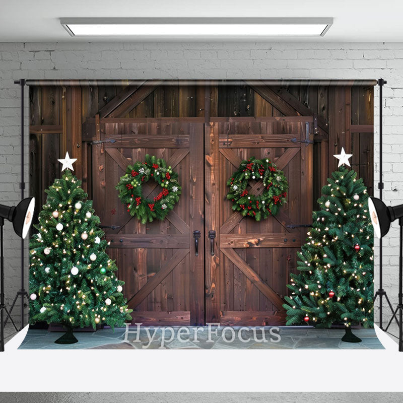 Aperturee - Aperturee Wooden Barn Door Pine Wreath Tree Christmas Backdrop