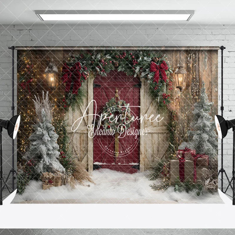Aperturee - Aperturee Wooden Beige Red Door Xmas Tree Christmas Backdrop