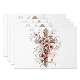 Aperturee - Aperturee Wooden Cross Pink Floral Set of 4 Placemats Elegant Flower Ribbon Religious Table Mats Baptism Confirmation Decor