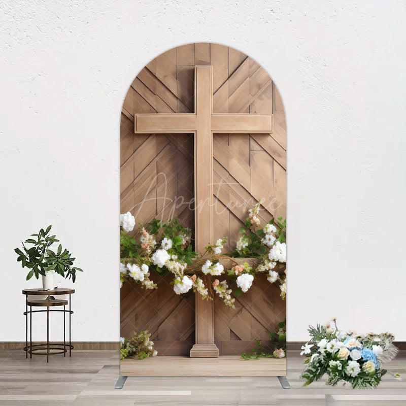 Aperturee - Aperturee Wooden Cross White Floral Spring Easter Arch Backdrop