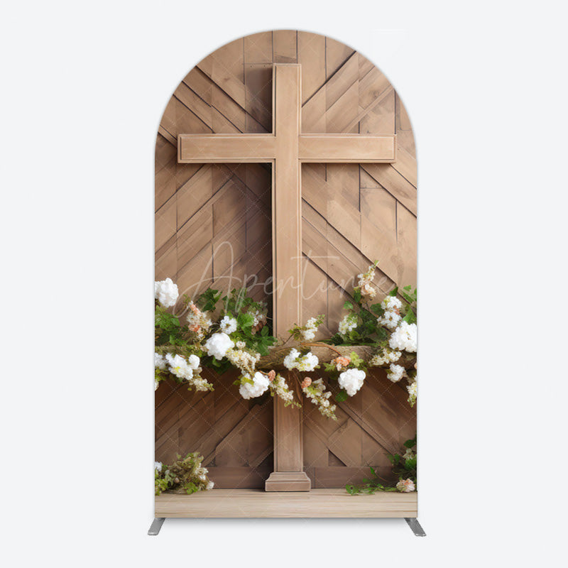 Aperturee - Aperturee Wooden Cross White Floral Spring Easter Arch Backdrop