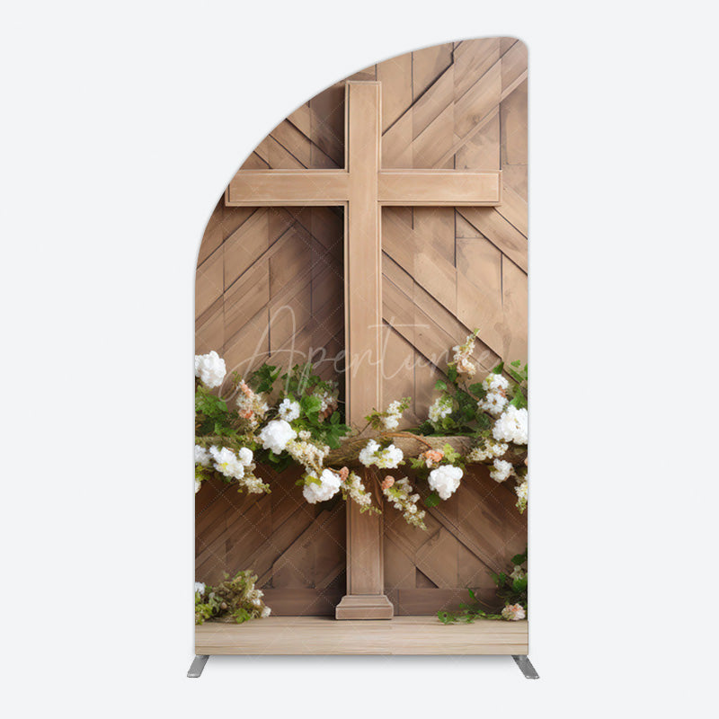 Aperturee - Aperturee Wooden Cross White Floral Spring Easter Half Moon Arch Backdrop