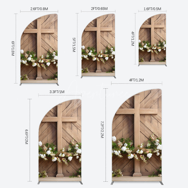 Aperturee - Aperturee Wooden Cross White Floral Spring Easter Half Moon Arch Backdrop