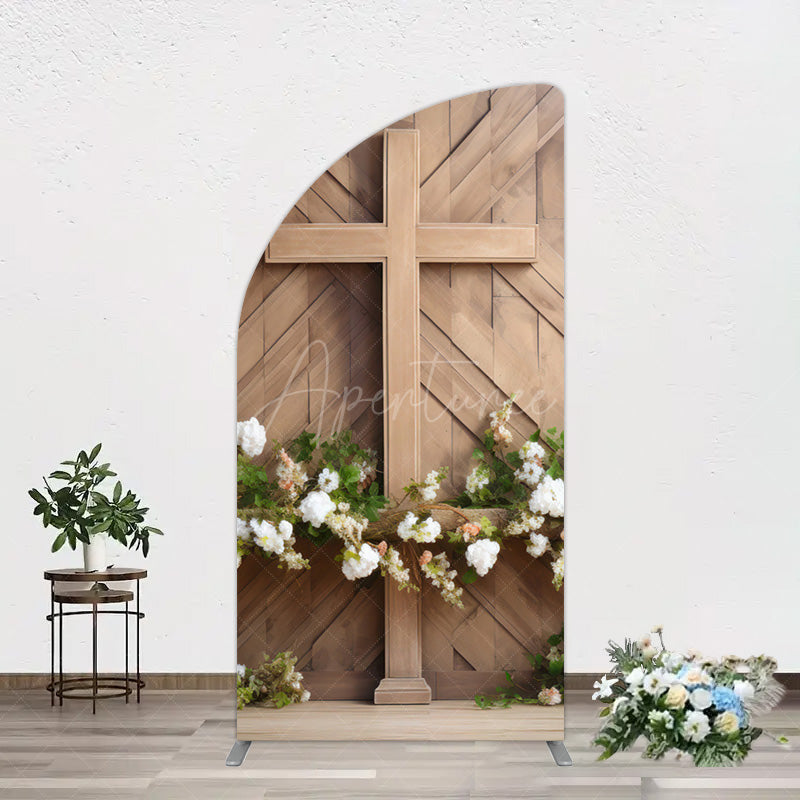 Aperturee - Aperturee Wooden Cross White Floral Spring Easter Half Moon Arch Backdrop