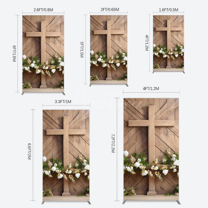 Aperturee - Aperturee Wooden Cross White Floral Spring Easter Rectangle Backdrop