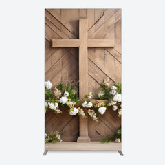 Aperturee - Aperturee Wooden Cross White Floral Spring Easter Rectangle Backdrop