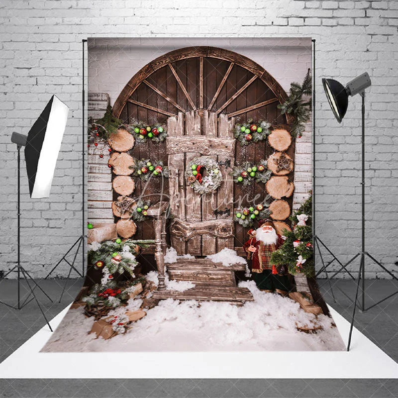 Aperturee - Aperturee Wooden Door Christmas Snow Scene Photo Backdrop