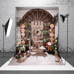 Aperturee - Aperturee Wooden Door Christmas Snow Scene Photo Backdrop