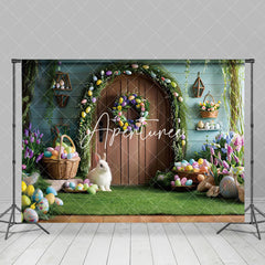 Aperturee - Aperturee Wooden Door Colorful Eggs Bunny Easter Photo Backdrop
