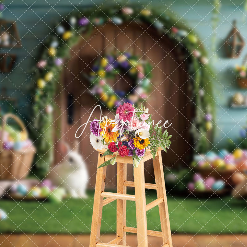 Aperturee - Aperturee Wooden Door Colorful Eggs Bunny Easter Photo Backdrop
