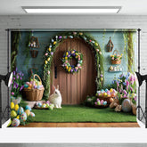 Aperturee - Aperturee Wooden Door Colorful Eggs Bunny Easter Photo Backdrop