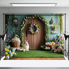 Aperturee - Aperturee Wooden Door Colorful Eggs Bunny Easter Photo Backdrop