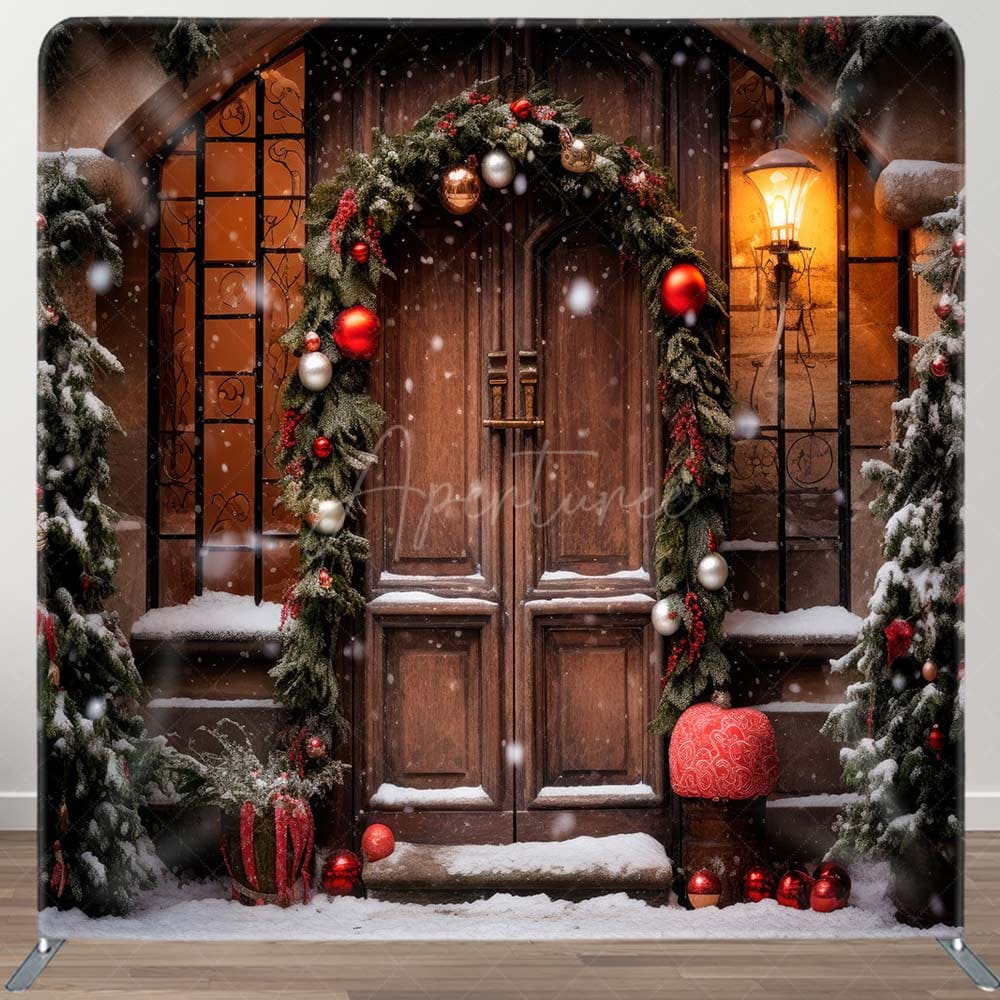 Aperturee - Aperturee Wooden Door Plants Bells Xmas Tension Fabric Backdrop