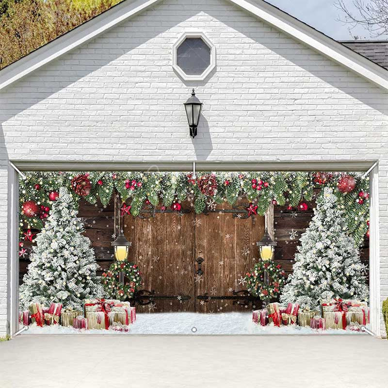 Aperturee - Aperturee Wooden Door Snowy Christmas Vibe Garage Door Banner
