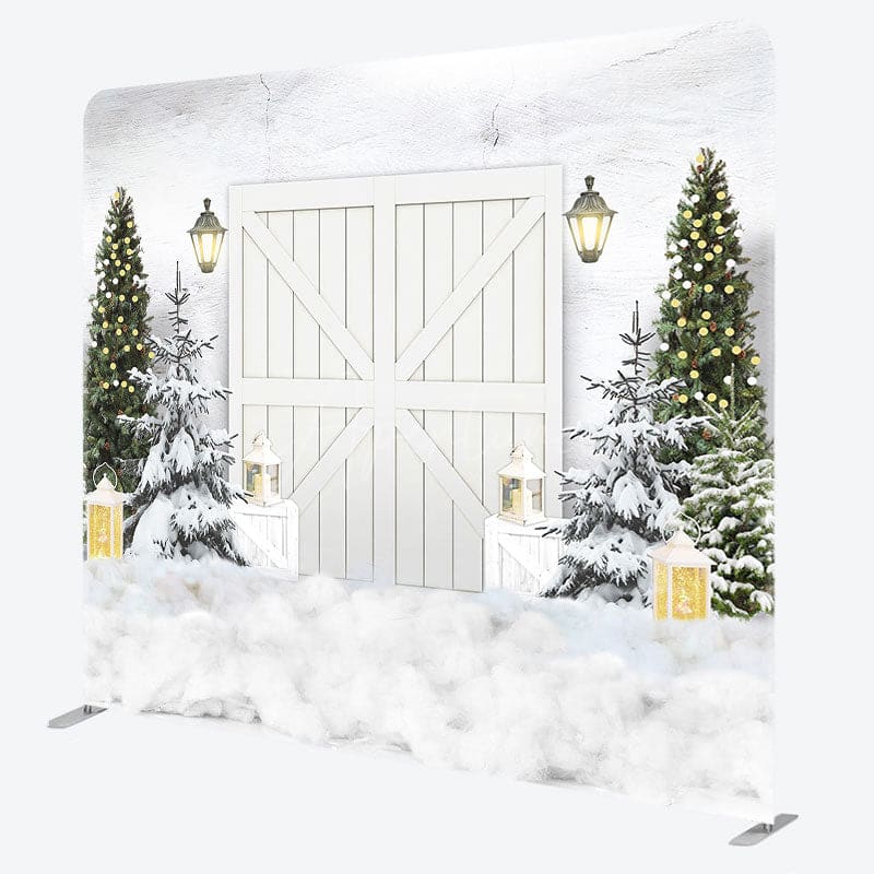 Aperturee - Aperturee Wooden Door White Christmas Tension Fabric Backdrop