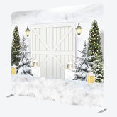 Aperturee - Aperturee Wooden Door White Christmas Tension Fabric Backdrop