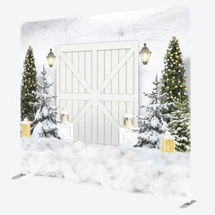 Aperturee - Aperturee Wooden Door White Christmas Tension Fabric Backdrop