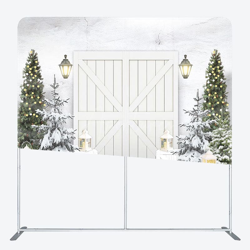 Aperturee - Aperturee Wooden Door White Christmas Tension Fabric Backdrop