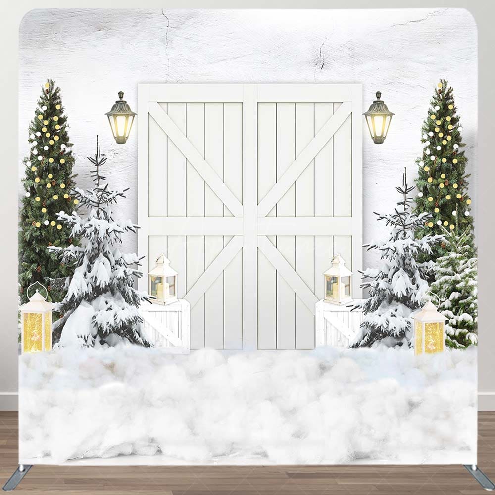 Aperturee - Aperturee Wooden Door White Christmas Tension Fabric Backdrop