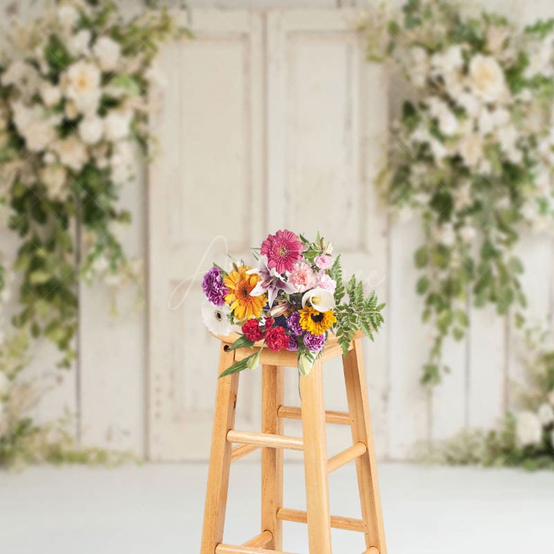 Aperturee - Aperturee Wooden Door With White Flower Brick Wedding Backdrop