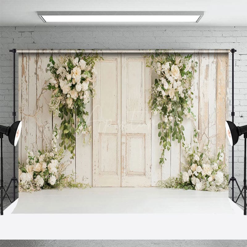 Aperturee - Aperturee Wooden Door With White Flower Brick Wedding Backdrop