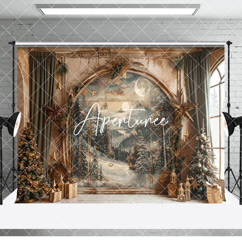 Aperturee - Aperturee Wooden Floor Mural Wall Christmas Room Set Backdrop