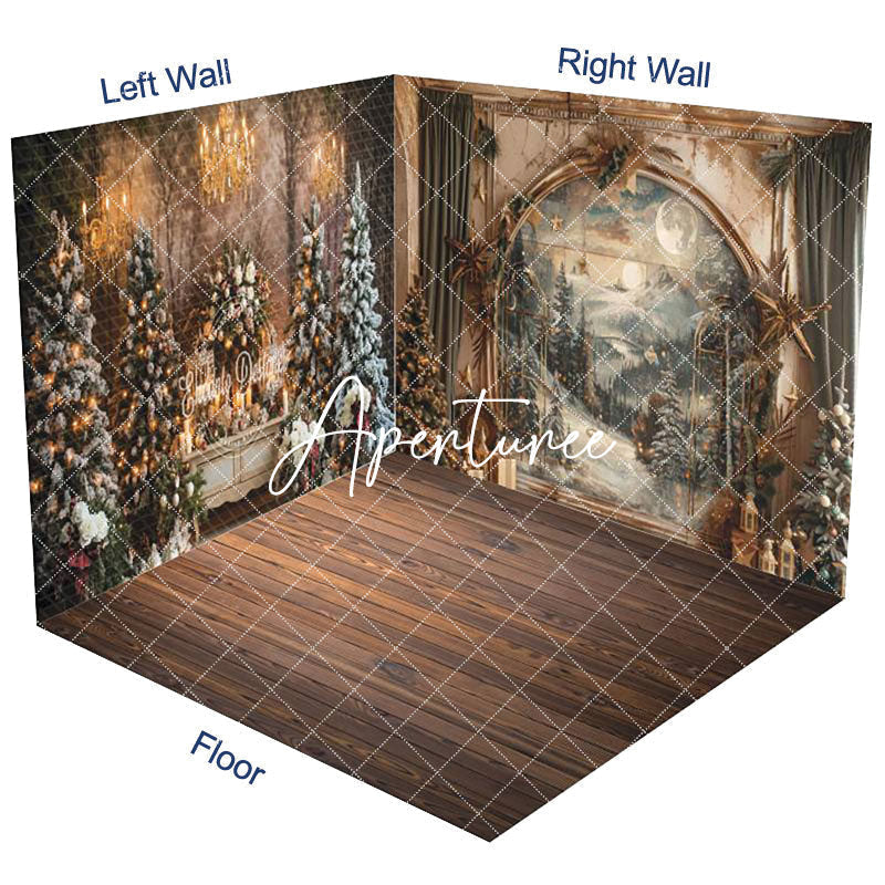 Aperturee - Aperturee Wooden Floor Mural Wall Christmas Room Set Backdrop