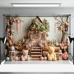 Aperturee - Aperturee Wooden Floral House Tree Bears Cake Smash Backdrop