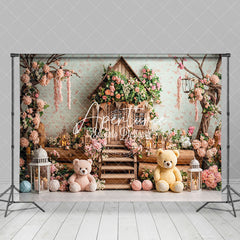 Aperturee - Aperturee Wooden Floral House Tree Bears Cake Smash Backdrop