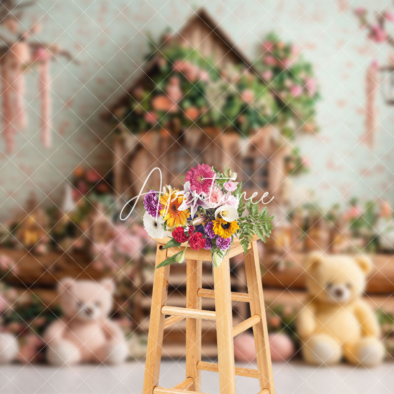 Aperturee - Aperturee Wooden Floral House Tree Bears Cake Smash Backdrop