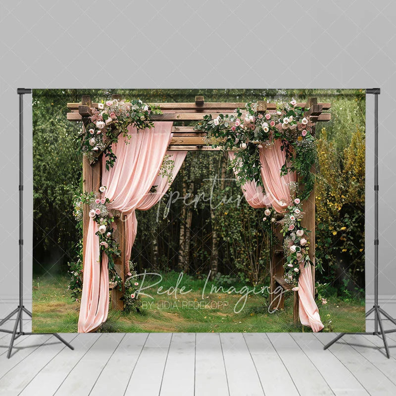 Aperturee - Aperturee Wooden Garden Arbor with Pink Drapes Backdrop Spring Floral Wedding Arch Background for Bridal Shower