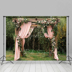 Aperturee - Aperturee Wooden Garden Arbor with Pink Drapes Backdrop Spring Floral Wedding Arch Background for Bridal Shower