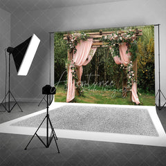Aperturee - Aperturee Wooden Garden Arbor with Pink Drapes Backdrop Spring Floral Wedding Arch Background for Bridal Shower