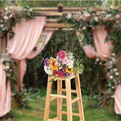 Aperturee - Aperturee Wooden Garden Arbor with Pink Drapes Backdrop Spring Floral Wedding Arch Background for Bridal Shower