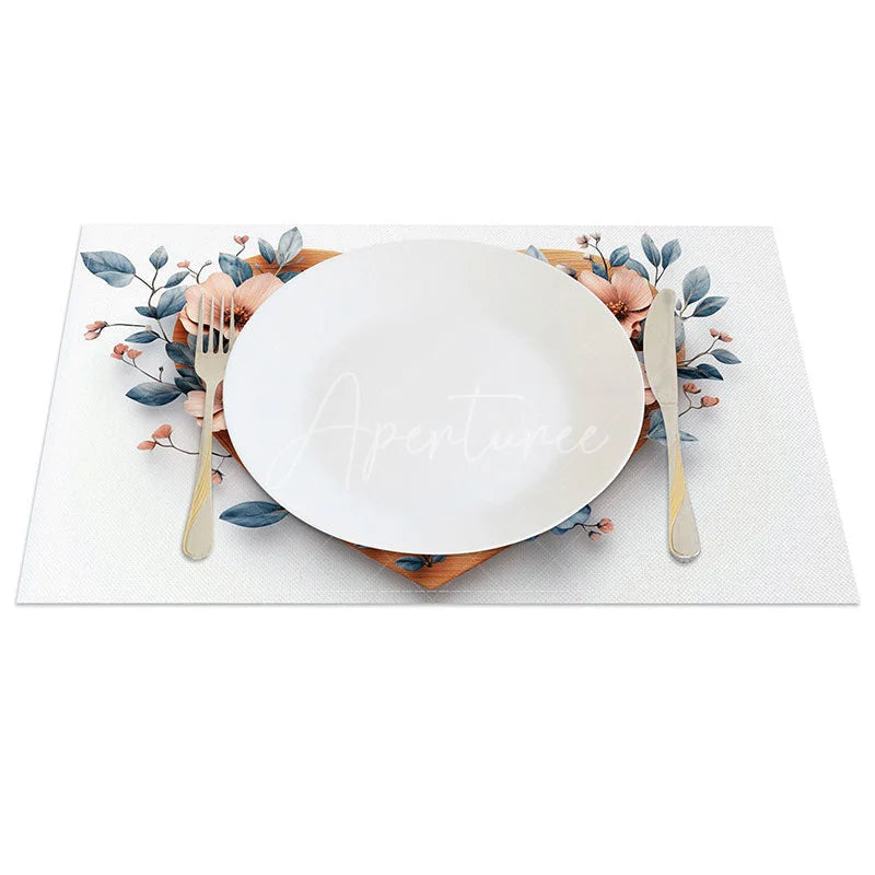 Aperturee - Aperturee Wooden Heart Love Sign Set of 4 Placemats Pink Floral Valentine Decoration Rustic Blue Leaf Table Mat