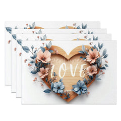 Aperturee - Aperturee Wooden Heart Love Sign Set of 4 Placemats Pink Floral Valentine Decoration Rustic Blue Leaf Table Mat