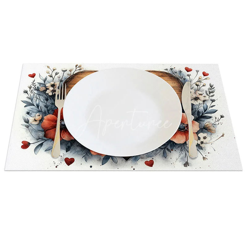Aperturee - Aperturee Wooden Heart Love Sign Set of 4 Placemats Red Floral Valentine Decoration Rustic Farmhouse Dining Table Mat