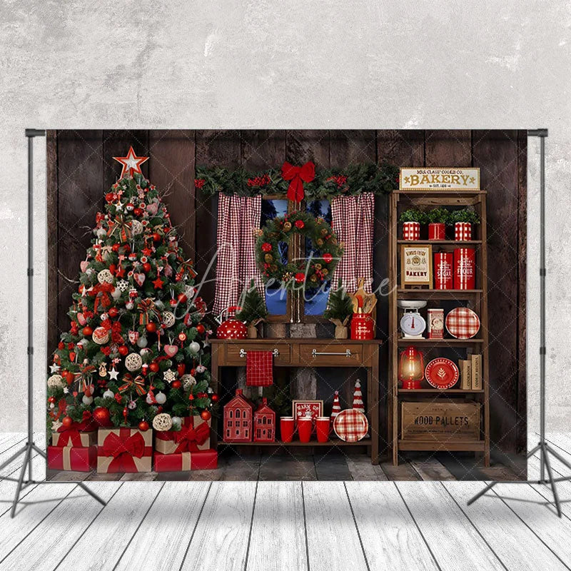 Aperturee - Aperturee Wooden House Bakery Christmas Tree Photo Backdrop