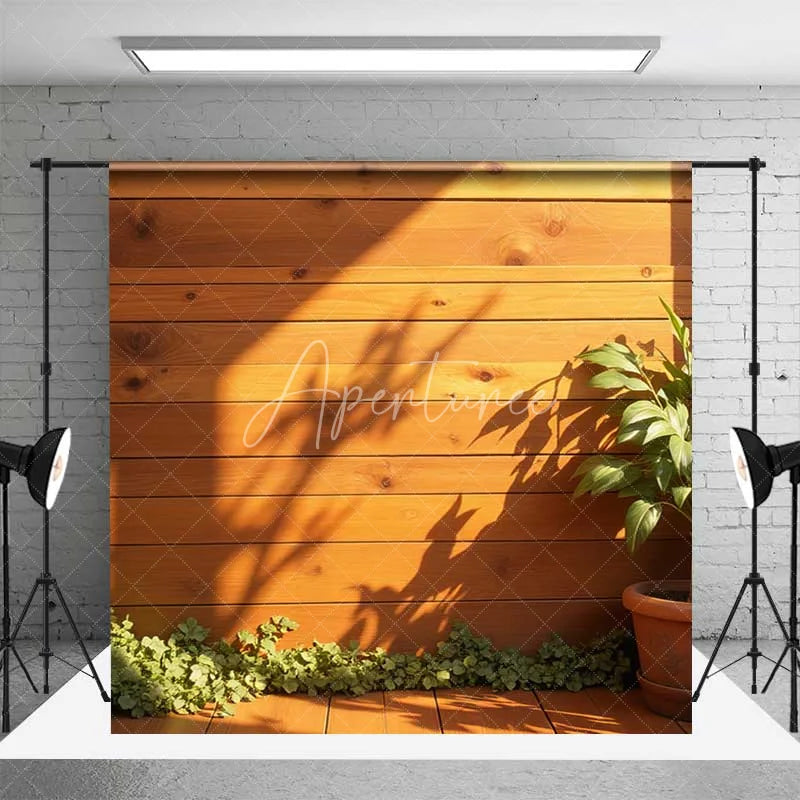 Aperturee - Aperturee Wooden Interior Room Set Backdrop Sunlit Green Plant Potted Corner Photography Background Home Studio Decoration
