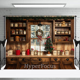 Aperturee - Aperturee Wooden Kitchen Pine Leaves Wreath Christmas Backdrop