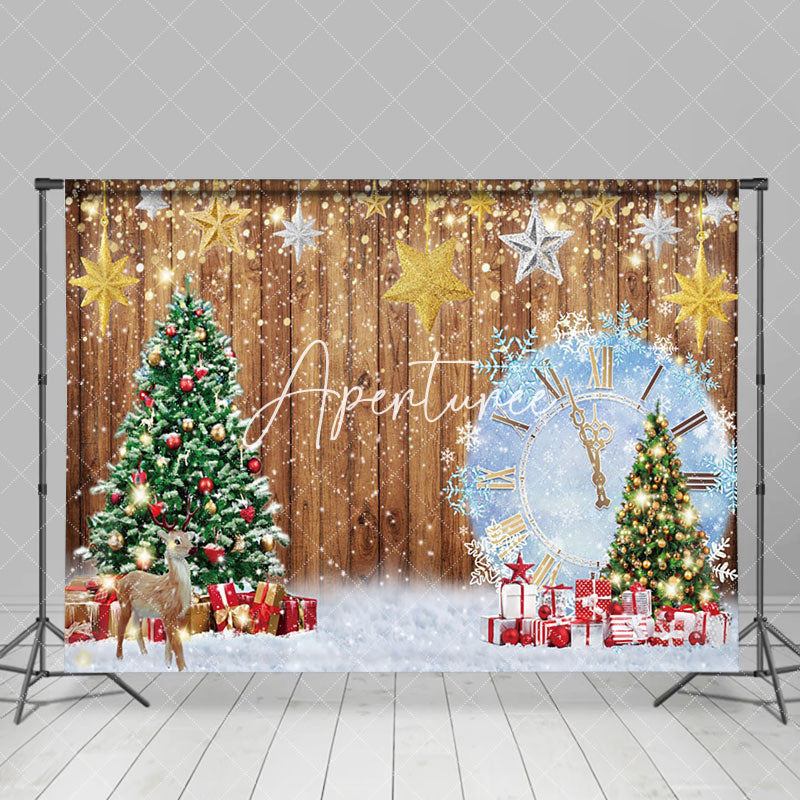 Aperturee - Aperturee Wooden Xmas Tree Elk Snowy Clock Christmas Backdrop
