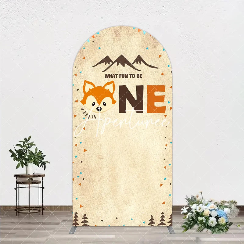 Aperturee - Aperturee Woodland Fox First Birthday Round Top Arch Backdrop Rustic Mountain Adventure Party Decor for What Fun