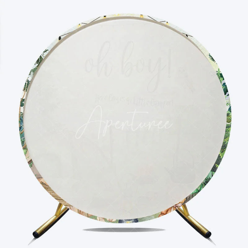 Aperturee - Aperturee Woodland Little Camper Baby Shower Round Backdrop Oh Boy Forest Animal Tent Camping Party Cover