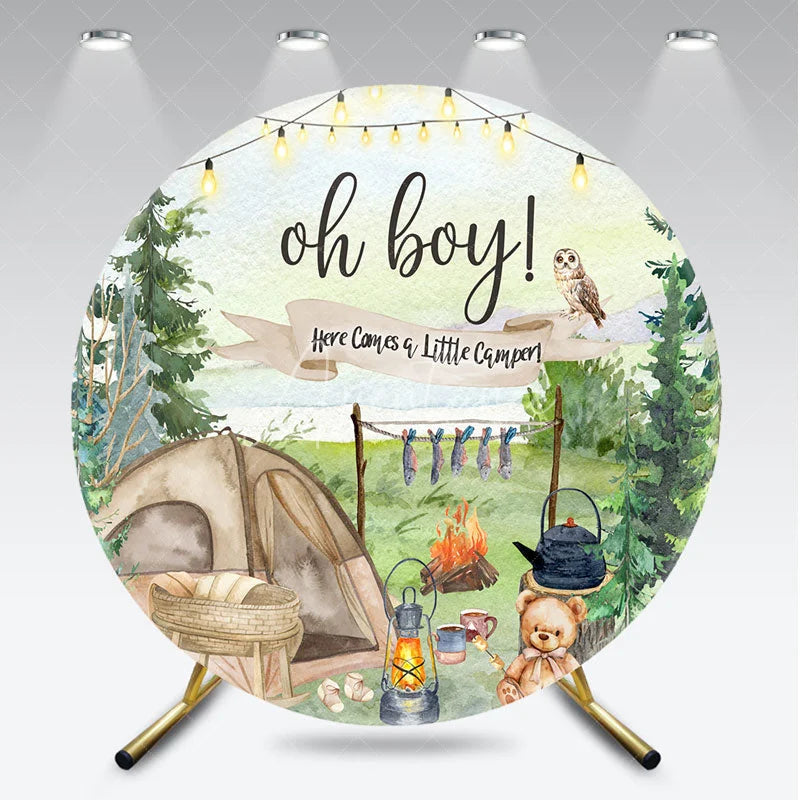 Aperturee - Aperturee Woodland Little Camper Baby Shower Round Backdrop Oh Boy Forest Animal Tent Camping Party Cover